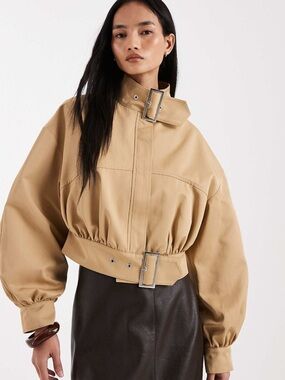 ASOS Cropped Buckle Trench Jacket in Tan